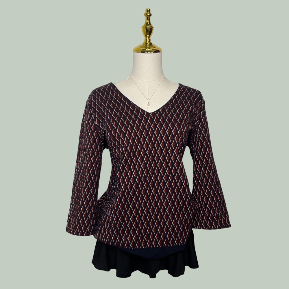 ann taylor burgundy blue diamond knit sweater blouse coquette chic office boho